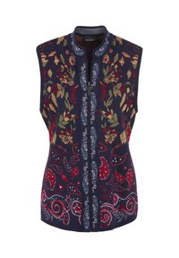 Marine gebreide vest met bloemen- en paisleypatronen in rood, groen en blauw. Voorzien van een rits aan de voorkant en een kraagloos ontwerp.