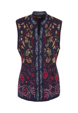 Marine gebreide vest met bloemen- en paisleypatronen in rood, groen en blauw. Voorzien van een rits aan de voorkant en een kraagloos ontwerp.