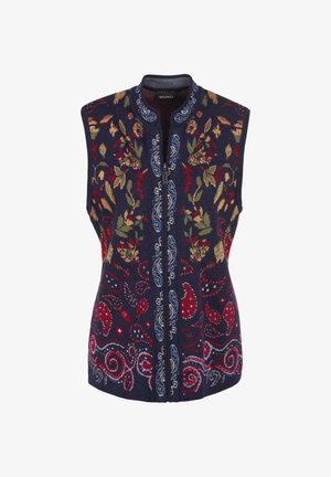 Marine gebreide vest met bloemen- en paisleypatronen in rood, groen en blauw. Voorzien van een rits aan de voorkant en een kraagloos ontwerp.