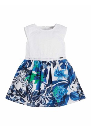 Robe blanche sans manches pour tout-petit avec corsage texturé et jupe à motif floral bleu et vert, fermeture éclair au dos.
