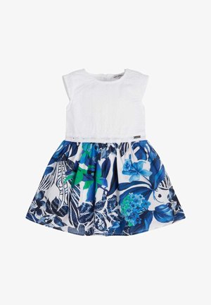 Robe blanche sans manches pour tout-petit avec corsage texturé et jupe à motif floral bleu et vert, fermeture éclair au dos.