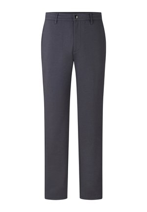 Mørkegrå bukser med en glat tekstur, der har lynlås, knaplukning og to sidelommer. Skræddersyet pasform med lige ben.