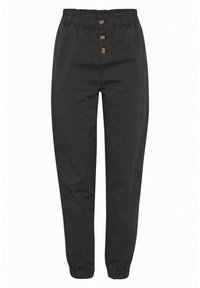 Pantalons noirs avec une taille élastique et une fermeture à bouton à l'avant, présentant des coutures visibles et des poignets élastiques à la cheville.