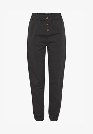 Black pants with an elastic waistband and front button closure featuring visible stitching and elastic cuffs at the ankle.