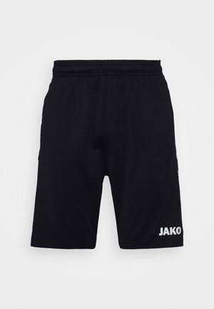 Zwarte sportshorts van synthetisch materiaal, met een elastische band en een wit "JAKO" logo op de rechteronderkant aan de voorkant.
