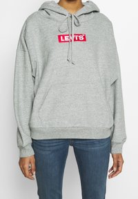 Person wearing a light gray Levi's hoodie with a front pocket and dark blue jeans, standing against a plain white background.