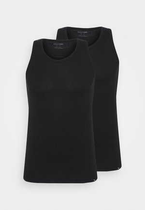 Black sleeveless tank tops, made of soft, stretchy material, featuring a rounded neckline and straight hem. Sold as a pack of two.