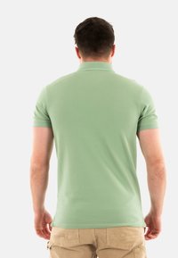 Camisa polo en verde claro, de manga corta, con cuello clásico, hecha de tejido suave. El modelo está de espaldas, mostrando el detalle trasero.