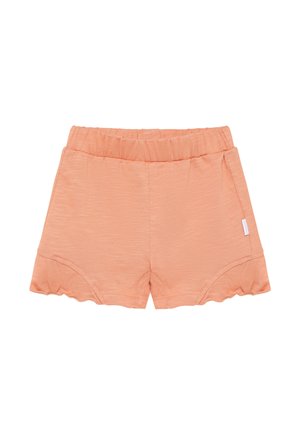 Perzikkleurige korte broek gemaakt van zachte, gestructureerde stof. Voorzien van een elastische tailleband en een gegolfde zoom. Twee zijzakken.