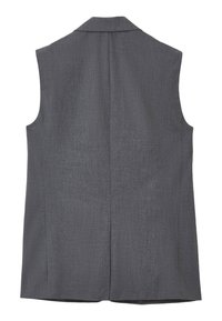 Grauer ärmelloser Weste mit subtiler Textur, einem Reverskragen und gerader Schnitt. Keine sichtbaren Verschlüsse oder Verzierungen.