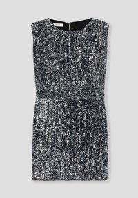 Robe noire courte avec un design de sequins argentés texturés, sans manches, encolure ronde et fermeture éclair au dos. Doublure en tissu lisse.