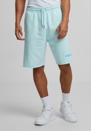 Light blue sweat shorts with an elastic waistband, drawstring, and side pockets. "KAIN" is embroidered in a contrasting shade.