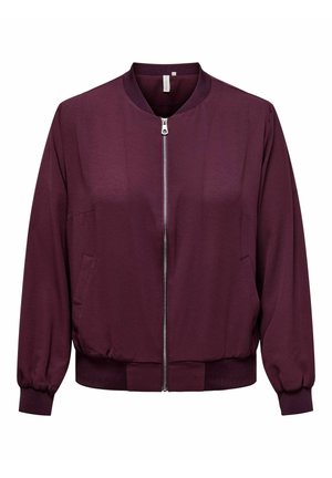 Burgundy bomber jacket, made of smooth fabric, features a front zipper, ribbed cuffs, and side pockets. Rounded neckline, relaxed fit.