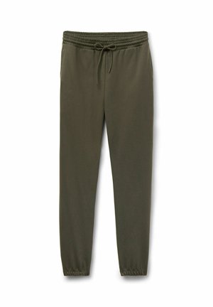 Oliwkowo zielone spodnie dresowe wykonane z miękkiego materiału, wyposażone w elastyczny pas z sznurkiem, zwężane nogawki i boczne kieszenie.