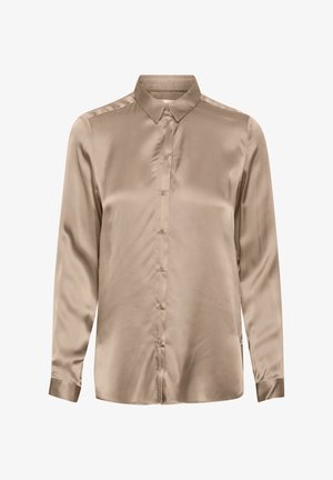 Cămașă cu mânecă lungă, cu nasturi, din satin bej. Dispune de un guler clasic, textură netedă și un strălucire subtilă pe suprafață.