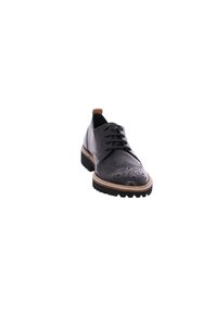 Scarpe eleganti in pelle nera con design perforato, chiusura con lacci e suola in gomma spessa a contrasto. Cucitura beige lungo il bordo.