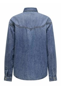 Camicia in denim azzurro chiaro con colletto, maniche lunghe e polsini con bottoni. Presenta un design a yoke sul retro e dettagli di cucitura sottili.