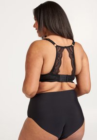 Black lace bra with a racerback design, featuring decorative pattern and adjustable straps. High-waisted black underwear complements the set.