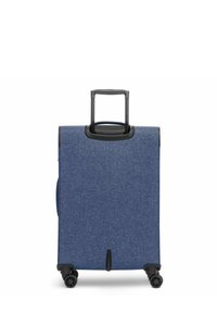 Blauer Stoffkoffer mit vier schwarzen Rollen und einem ausgezogenen schwarzen Teleskopgriff.