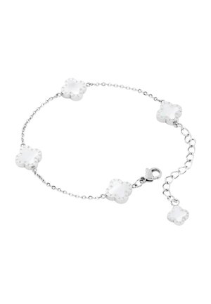 Srebrna bransoletka z pięcioma zawieszkami w kształcie białego koniczyny oraz regulowanym zapięciem na karabińczyk.