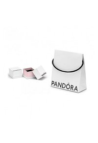 Weiße Papiertasche mit schwarzen Griffen, auf der das "PANDORA"-Logo abgedruckt ist. Enthält außerdem eine kleine weiße und rosa Schmuckbox, die teilweise geöffnet ist.