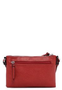 Rød læder crossover taske med en tekstureret overflade, der har en top lynlås lukning og en frontlomme med lynlås. Justerbar rem.