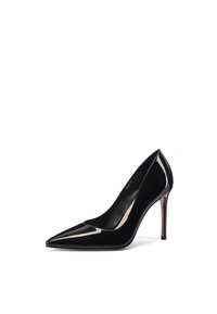 Décolleté nera in pelle verniciata con punta affilata e sottile tacco a stiletto, caratterizzata da una finitura liscia e lucida e un design minimalista.