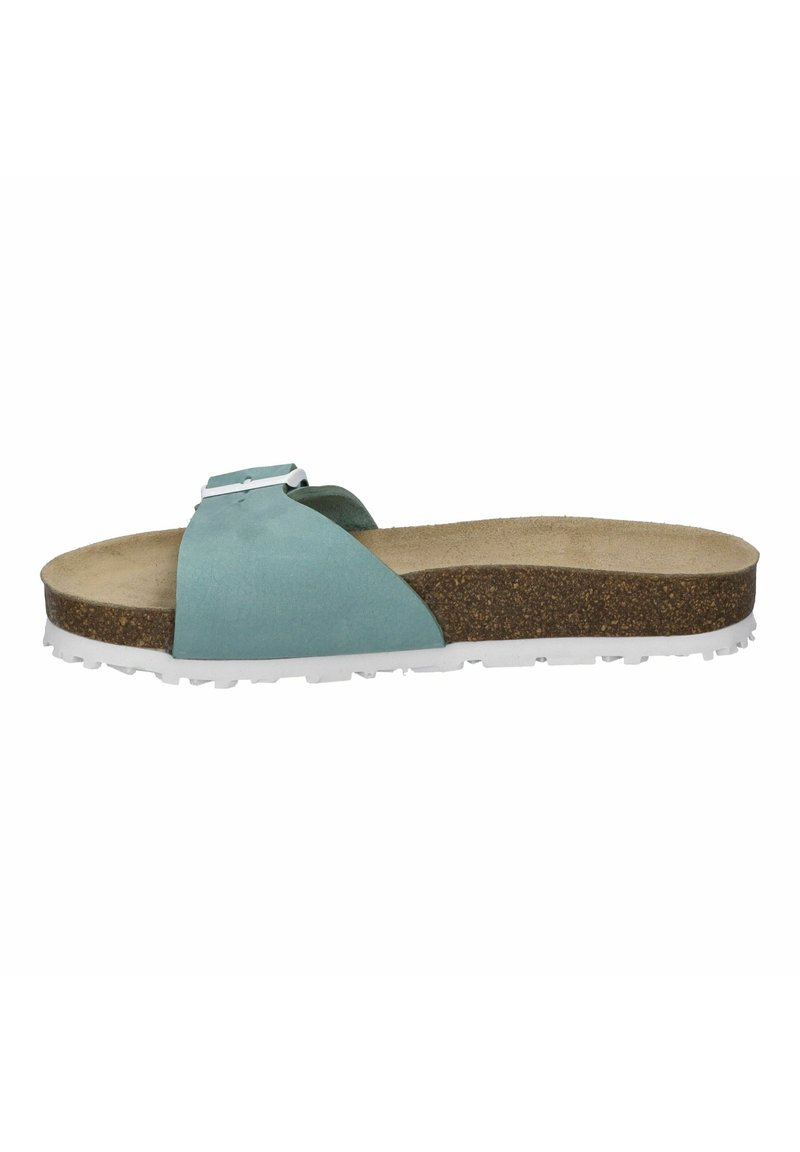 Sandalino azzurro chiaro con una sola fibbia, sottopiede in sughero e suola in gomma bianca testurizzata. Presenta un dettaglio con fibbia quadrata in argento.