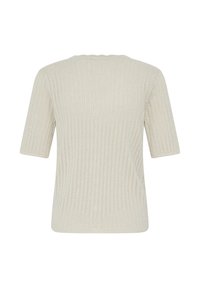 Pull beige à manches courtes en maille avec un motif côtelé vertical et un col rond, vu de dos sur fond blanc.