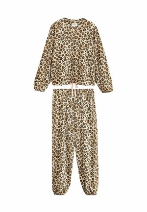 Leopardimustriga puhkevormi komplekt pehmest kangast; pikad varrukad ja elastse vöökohtadega püksid, millel on nööri detail.