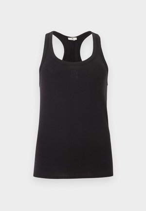 Maiou negru din material moale, cu decolteu în formă de scoică și design cu spate tip racerback. Detaliu subtil cu logo în centrul piesei. Textură netedă.