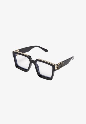 Black square eyeglasses with clear lenses, gold decorative accents on the top and hinges, and thick temple arms.