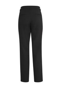 Pantalon noir à jambes droites avec passants de ceinture et deux poches fendues à l'arrière, vu de dos sur fond blanc.