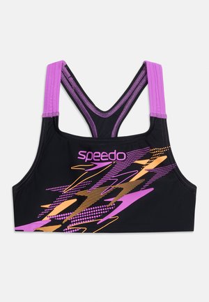 Schwarzer und lila Speedo Sport-BH mit pinken und orangefarbenen geometrischen Mustern und Racerback-Trägern.