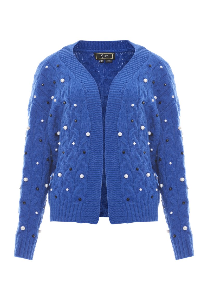 Cardigan lavorato a maglia blu con design a trecce, adornato con perle bianche e perline nere. Apertura frontale con maniche lunghe e polsini a costine.