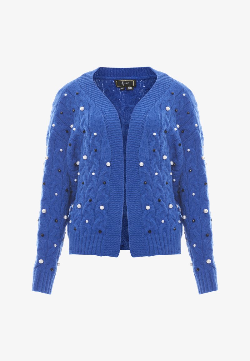 Cardigan lavorato a maglia blu con design a trecce, adornato con perle bianche e perline nere. Apertura frontale con maniche lunghe e polsini a costine.