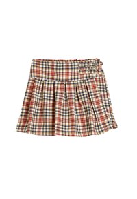 Geruite minirok in beige, rood en blauw met een geplooid ontwerp. Heeft een verzameld tailleband en dubbele gespaccenten aan de zijkant.