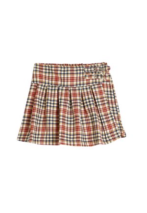 Jupe courte en tartan beige, rouge et bleu avec un design plissé. Dispose d'une taille froncée et de doubles boucles sur le côté.