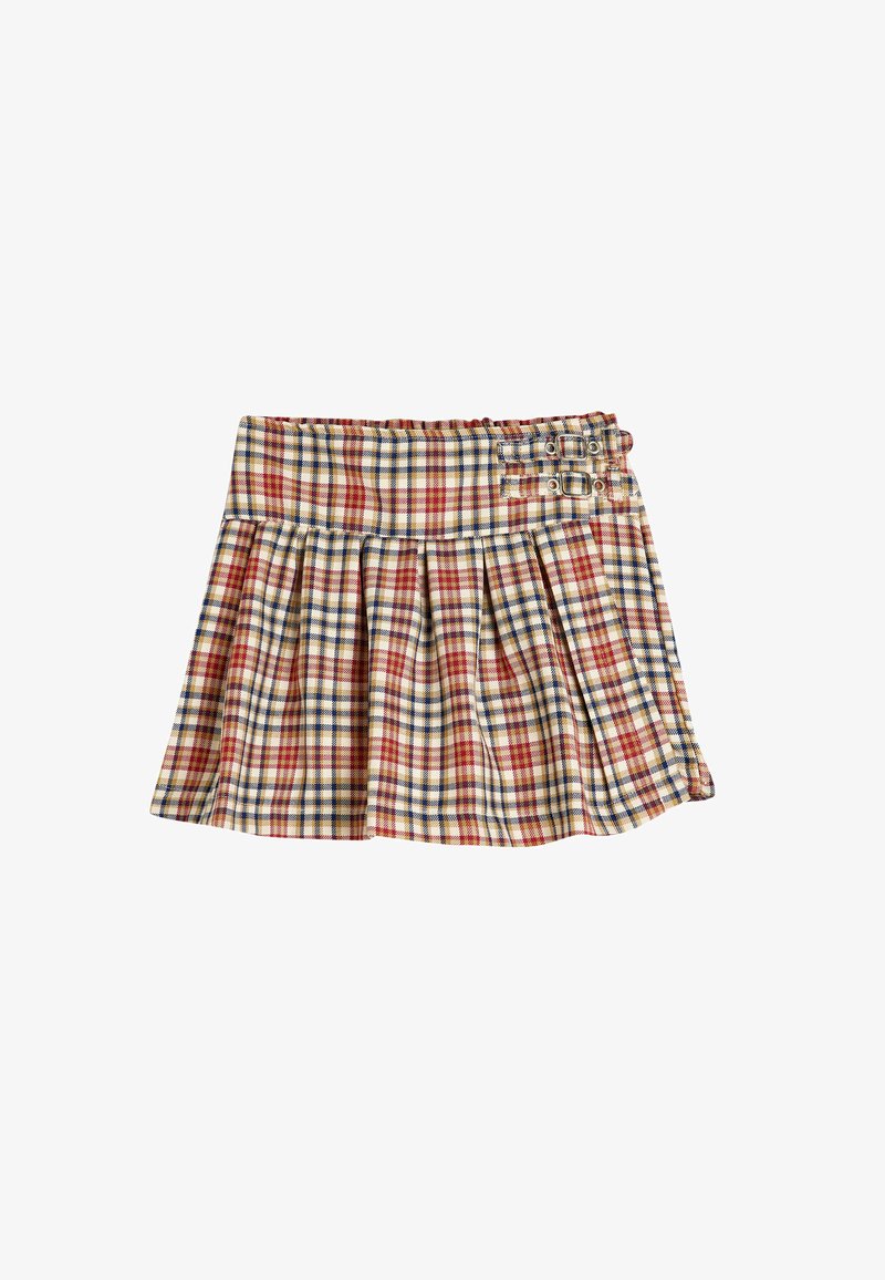 Minigonna a quadri in beige, rosso e blu con un design plissettato. Presenta un elastico in vita arricciato e doppi dettagli a fibbia sui lati.