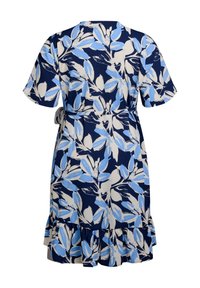 Květinové šaty s námořnickým základem, zdobené velkými světle modrými a krémovými listy. Krátké rukávy, stažený pas a detail volánkového lemu.