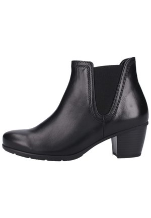 Bottine en cuir noir avec un petit talon épais et un panneau latéral élastique pour un enfilage facile.