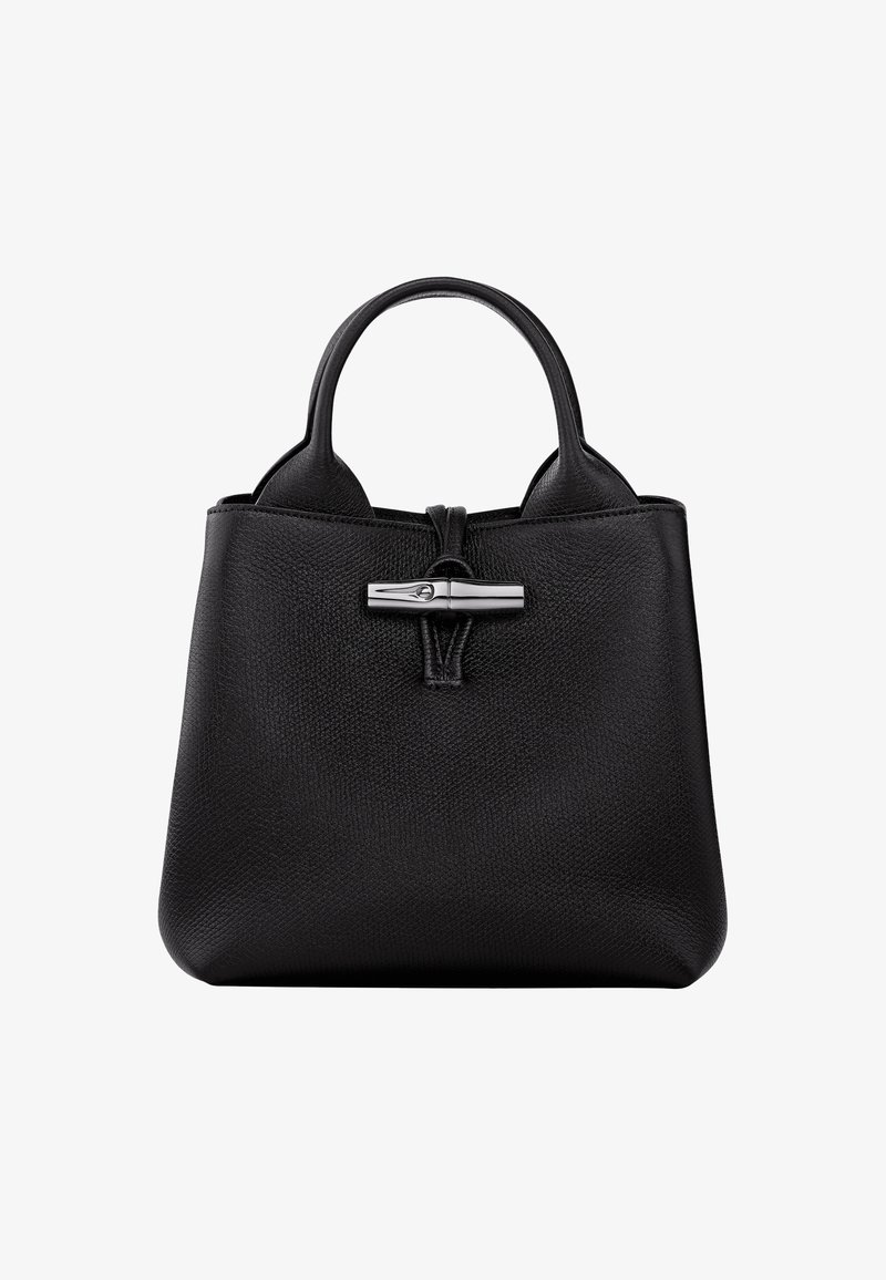 Schwarze Ledertasche mit strukturiertem Design. Verfügt über einen silbernen dekorativen Verschluss und zwei Griffe. Texturierte Oberfläche sorgt für Tiefe.