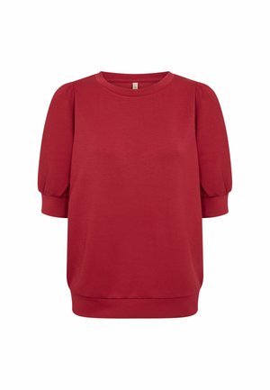 Rode sweatshirt met korte mouwen en opstaande mouwen, met een ronde halslijn en een rechte zoom.
