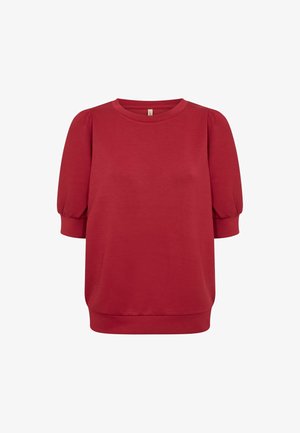 Roter kurzärmeliger Pullover mit puffierten Ärmeln und gerippten Bündchen, mit rundem Halsausschnitt und gerader Säume.