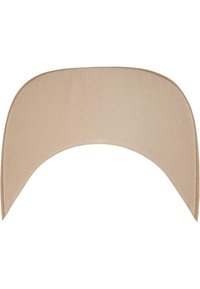 Beige fabric sunshade with a curved design and textured surface, suitable for various head sizes. Edges are smoothly finished.