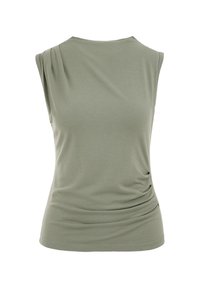 Mouwloos groen topje van een zachte, rekbare stof. Bevat subtiele plooien op de schouders en verstrakt zijdetails. Glad van textuur.
