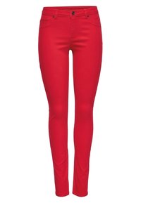 Jean skinny en denim rouge avec cinq poches, une fermeture à bouton, et une texture lisse. Coupe ajustée avec une silhouette à jambe effilée.