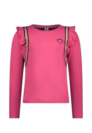 Pink langærmet skjorte med flæsedetaljer på skuldrene og stribet kant, med lille "B.NOST" logo med smiley på brystet.