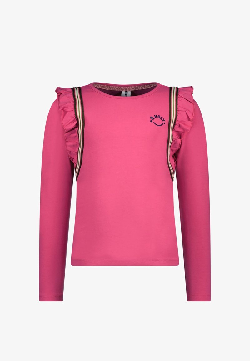 Chemise rose à manches longues avec détails volantés aux épaules et bordure rayée, avec un petit logo "B.NOST" avec un smiley sur la poitrine.