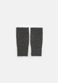Sötét szürke kötött karmelegítők, texturált felülettel és bordás szegéllyel a kényelmes illeszkedésért. Puha gyapjúból készült.